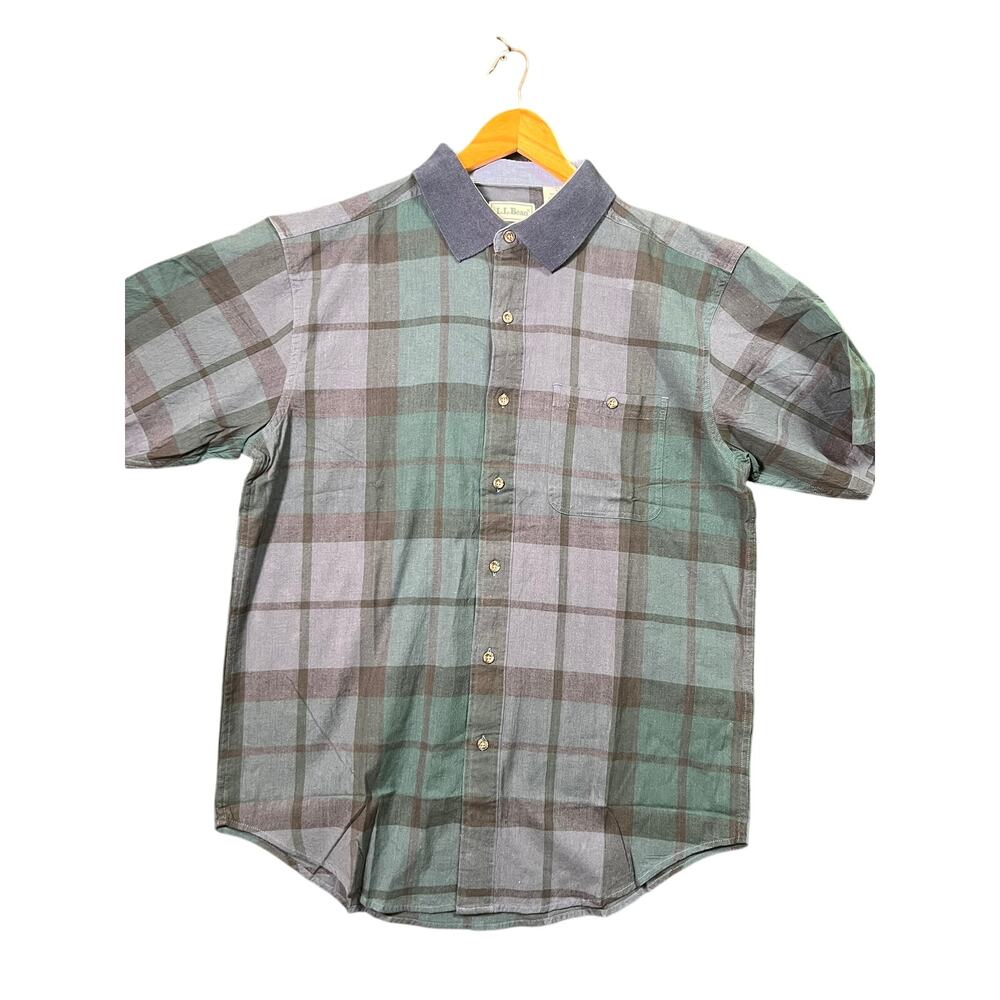 LL Bean Flannel Shirt Mens M Green Plaid Blue Short Sleeve Button Up